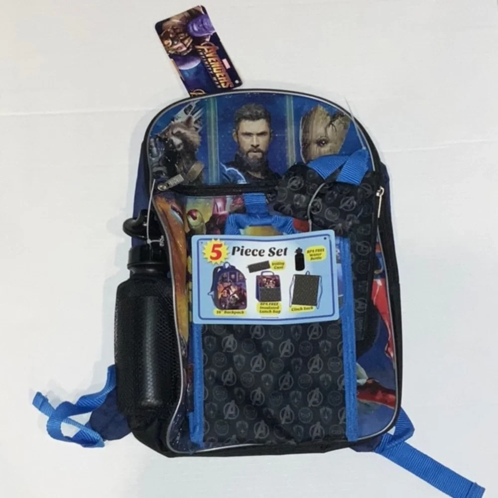 NWT Marvel Avengers Boys Backpack Lunch-bag Water Bottle Cinch Sack Set